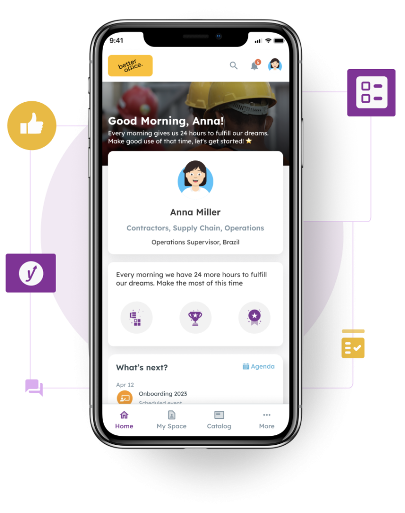 Example Enabley app on a phone showing an employee profile, onboarding and learning navigation