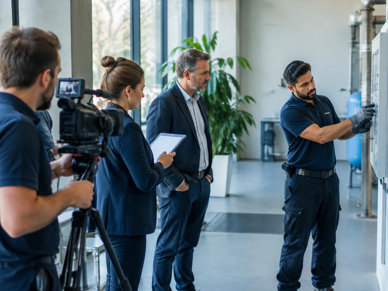 Illustrative image: a video crew and learning designer filming a technician demonstrating a task at work